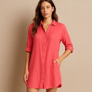 Mododoc Oversized Linen Shirt Dress Red XS Coastal Casual Boho Summer